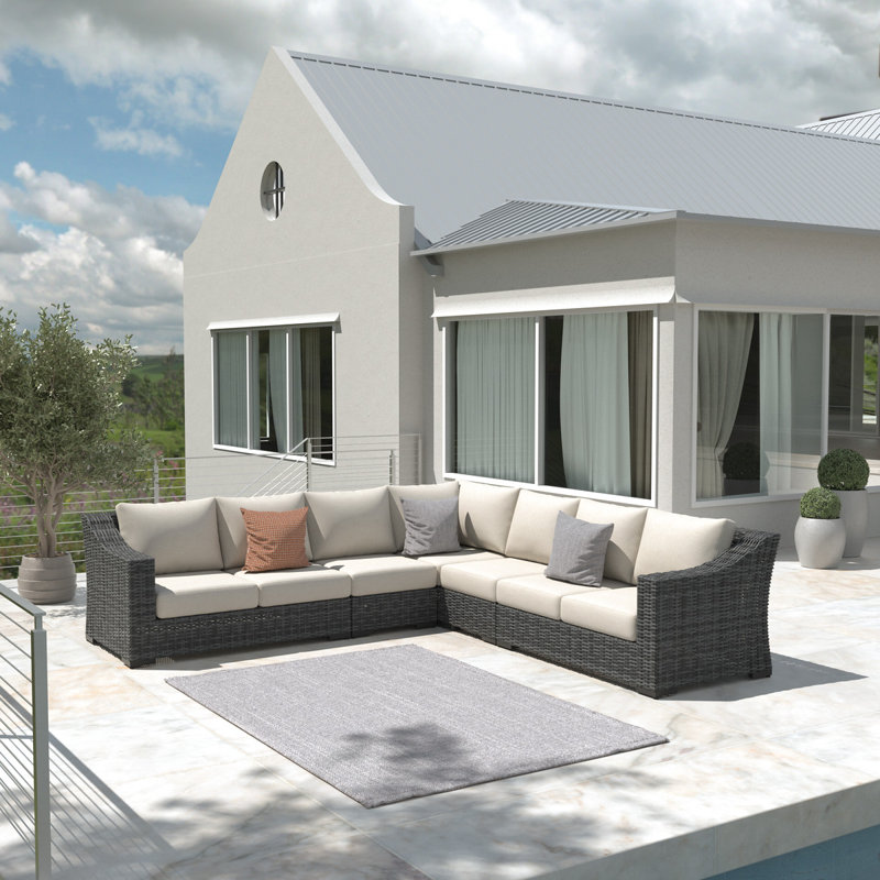 Ensemble modulaire de patio en osier avec coussins 7 personnes Eloisa, Gris