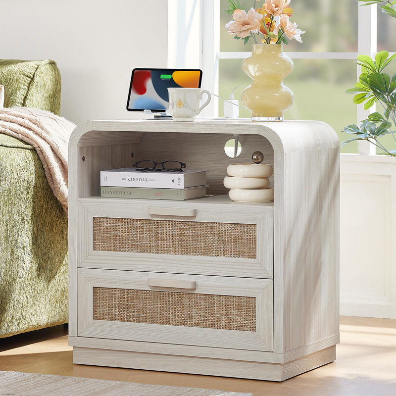 Ensemble de commode et de table de chevet incurvée Boho, commode à 6 tiroirs en rotin et table de chevet à 2 tiroirs avec station de charge