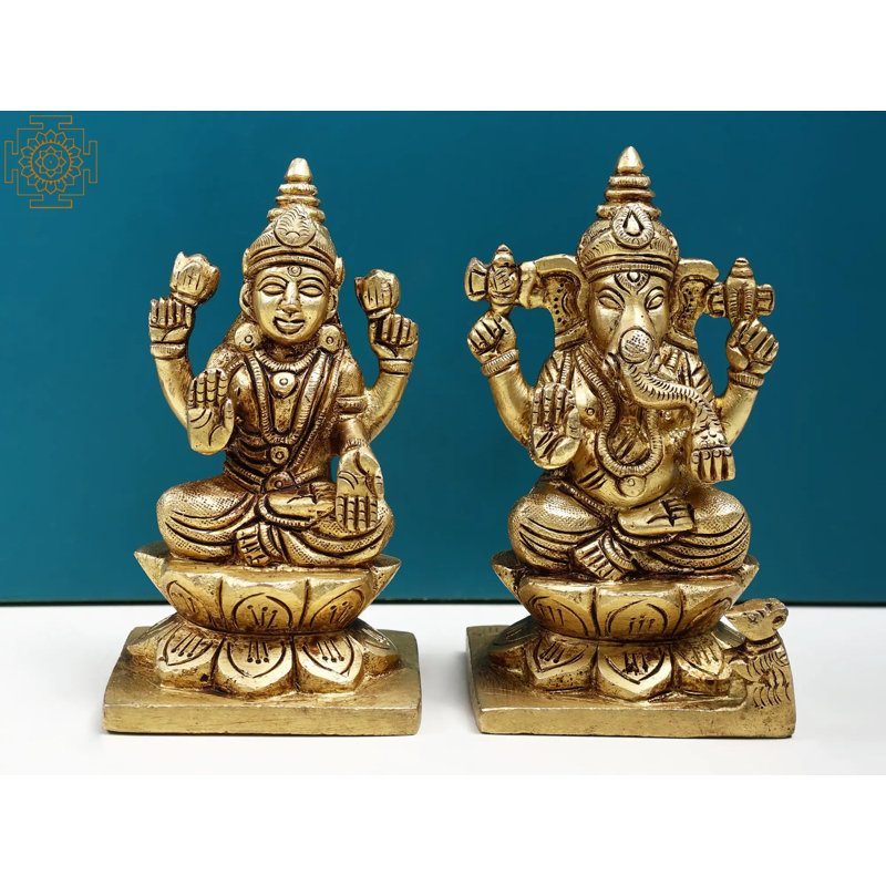 Statue de Lakshmi Ganesha sur piédestal en laiton 4 po