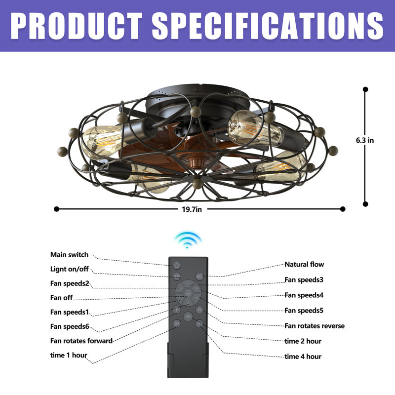 20" Low Profile Caged Flush Mount Ceiling Fan With Light And Remote Control, 6-Speed Reversible, Black
