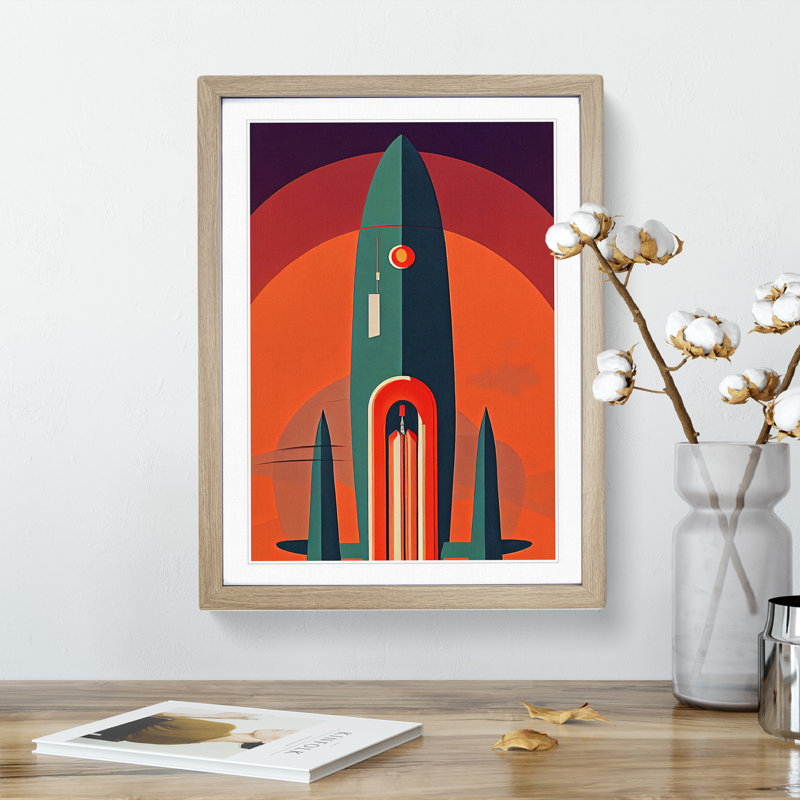 Art Deco Spaceship Art No.2 - Wall Art, 46cm H x 34cm W, Oak Frame