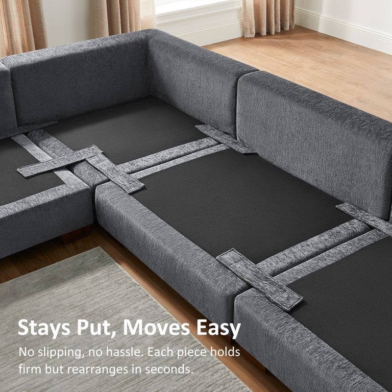 Chayten 4-Piece Upholstered Sectional Couch With 2 USB Ports, 2 Portable Ottomans, Gray Polyester
