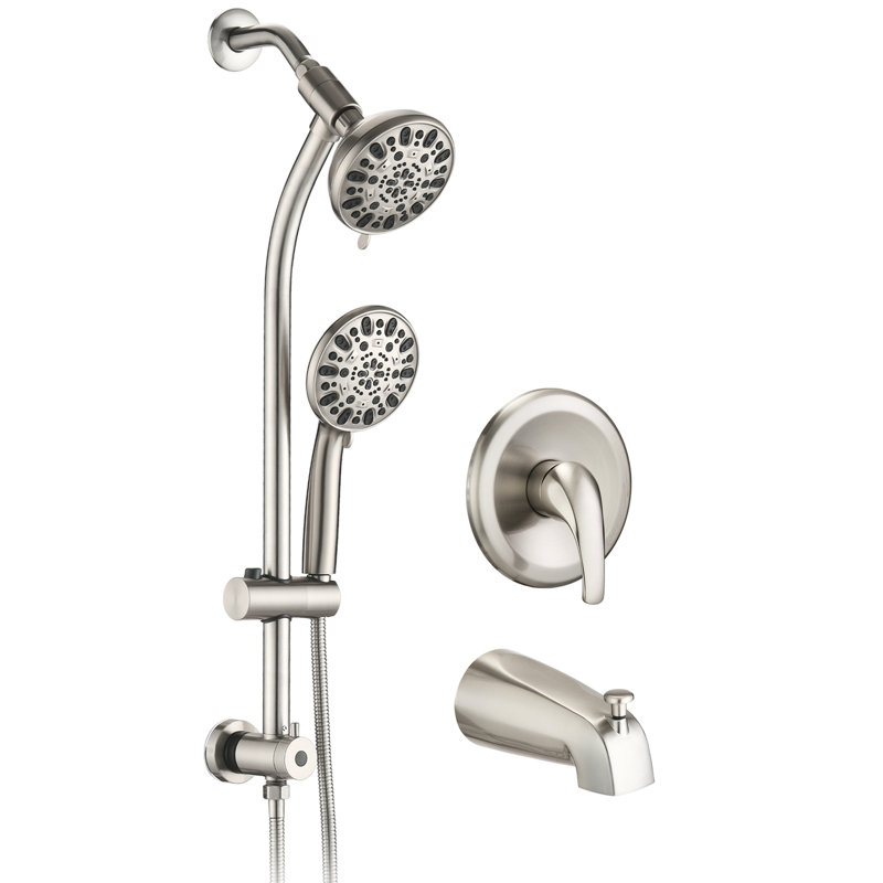 7 Dual Shower Head With 26" Stainless Steel Drillless Slide Bar, Brushed Nickel, Long-Lasting Valve 7-Setting Spa System Metal Tub Spout & Kit
