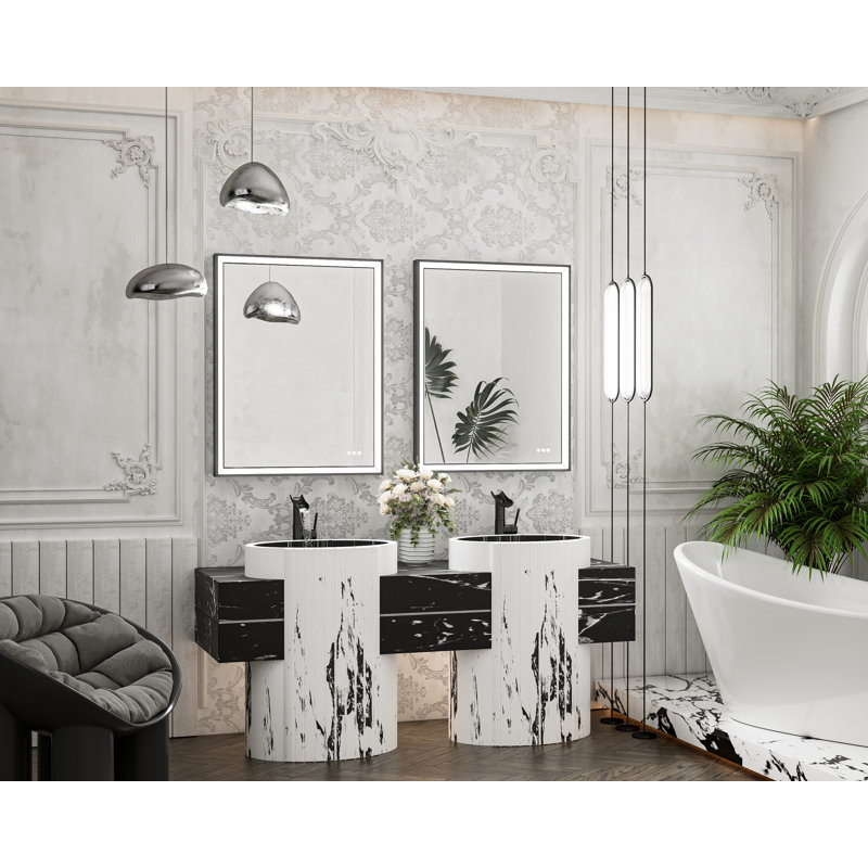 Miroir de salle de bain avant à DEL antibuée avec cadre en métal biseauté, 36 po x 28 po, Noir mat, Rectangulaire