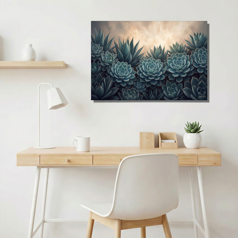 «Teal Succulents Against Soft Cloudy Sky», art mural, H 32 po x l 48 po