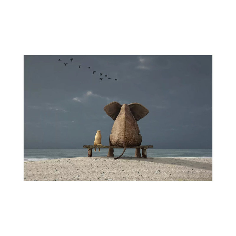 Elephant And Dog Sit On A Beach by Mike Kiev - Wrapped Canvas Print, 45.72 cm H x 66.04 cm W x 1.91 cm D