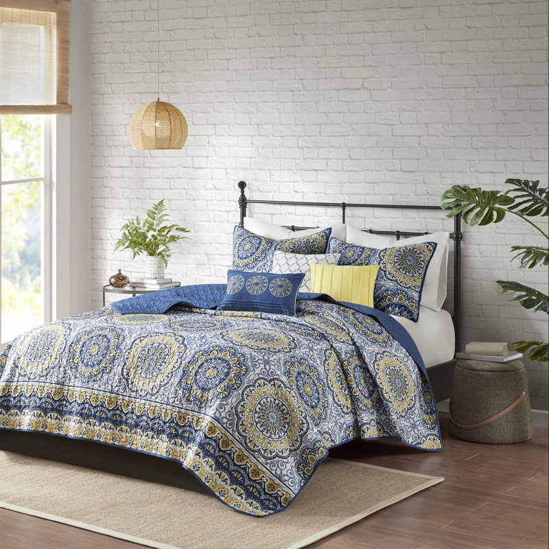 Blue and Yellow Bohemian Reversible Queen Quilt Set