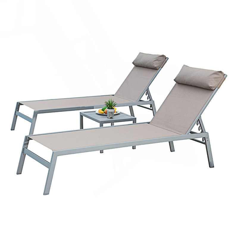 Patio Chaise Lounge Set, 3 Pieces Adjustable Pool Lounge Chairs With Table, Pool Lounge Chairs, Gray