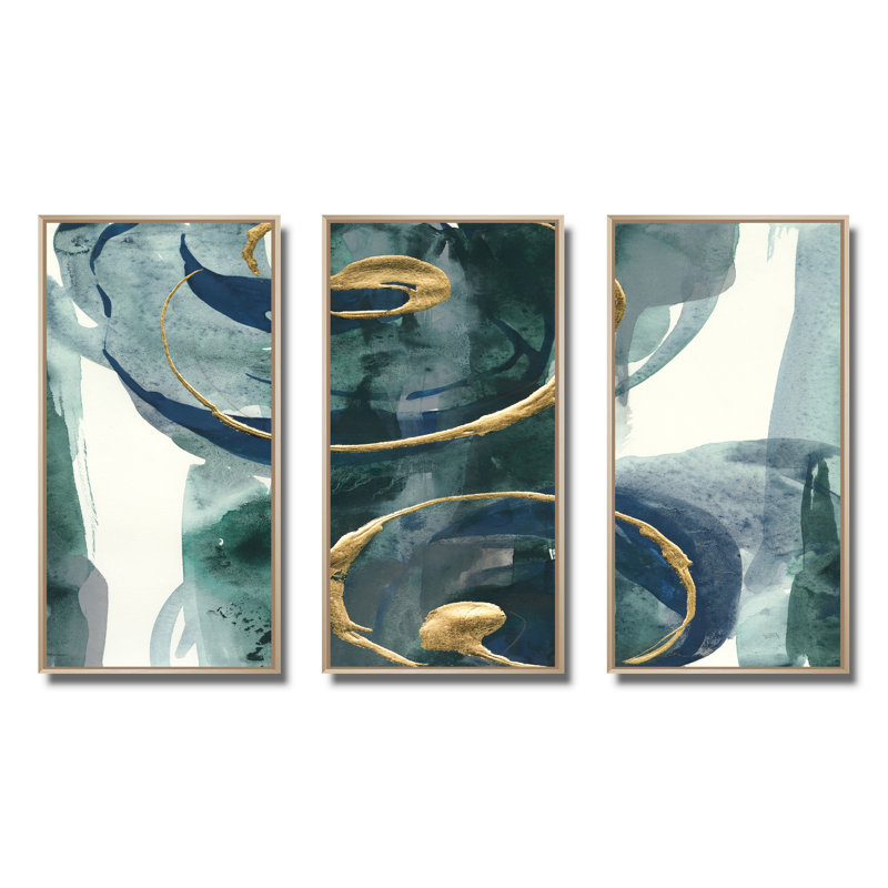 Mettalic indigo et or II - ensemble d'art mural sur toile encadré chic et luxueux 3, H 28 po x l 36 po x P 1 po, Brun