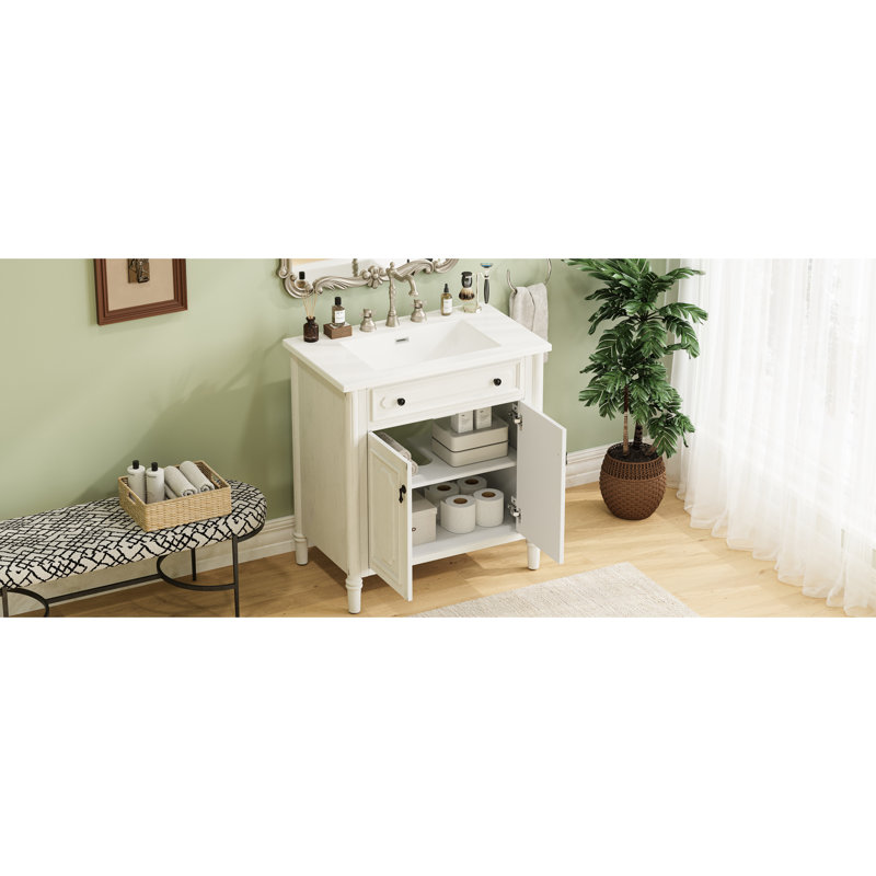 Meuble-lavabo de style rétro de 31 po avec finition, cadre et tracas vieillis - Portes rétro à fermeture en douceur de 31 po, conception de tiroir, pieds en bois massif