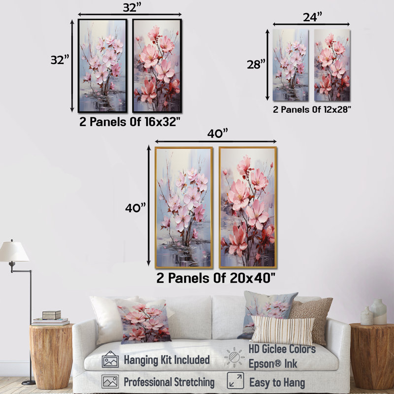 Ensemble de salon rose et gris avec fleurs de sérénité I - Fuschia, H 28 po x l 25 po, Toile tendue