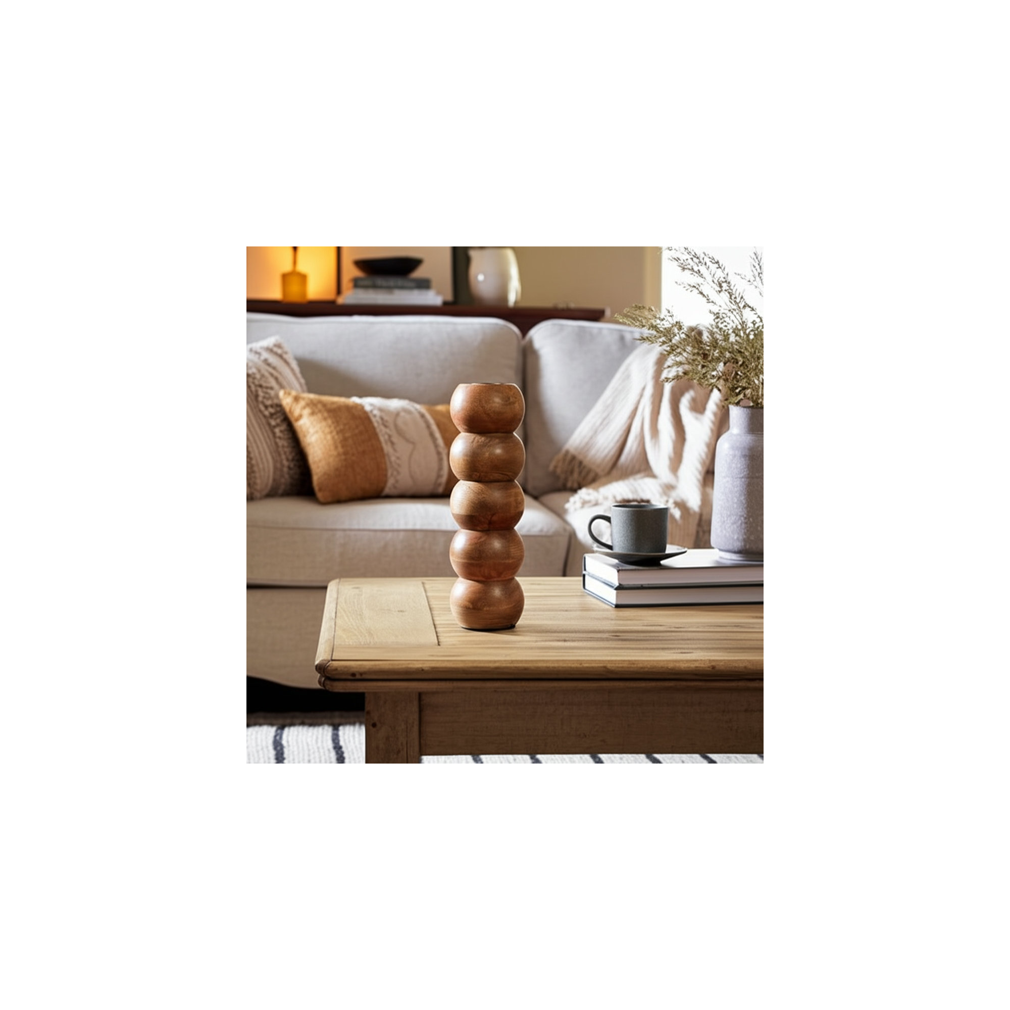  Wood Ribbed Candlestick Holder, Ribbed Brown, 8" H x 3" W x 3" D