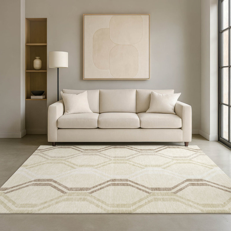 Tapis de qualité supérieure Mid-Century moderne lavable à la machine Premium Mayfield AMF2326, Beige, 8 pi x 10 pi