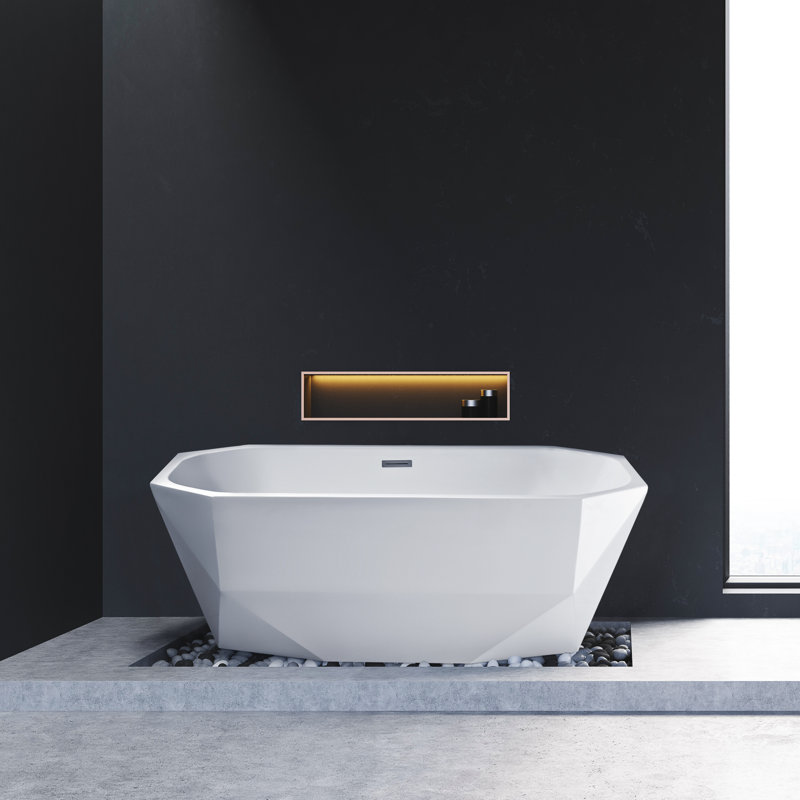 59" Streamline Freestanding Soaking Acrylic Bathtub With Drain and Bamboo Tray, Polished Chrome