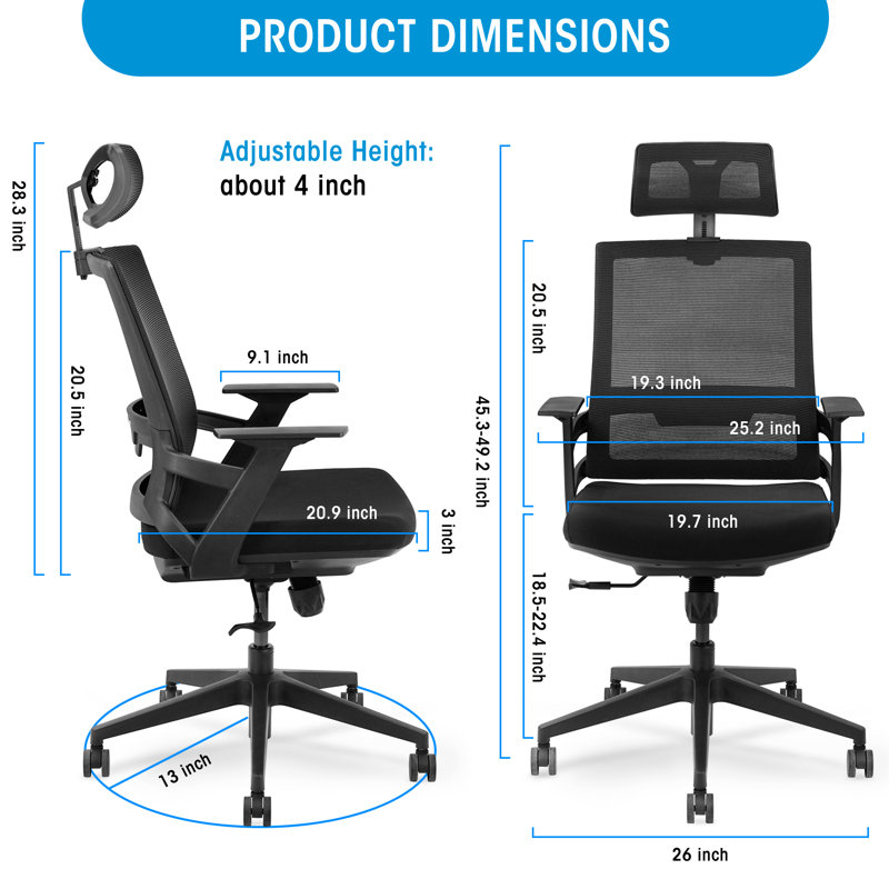 Chaise de bureau ergonomique réglable, chaise d'ordinateur avec hauteur de siège réglable et appui-tête