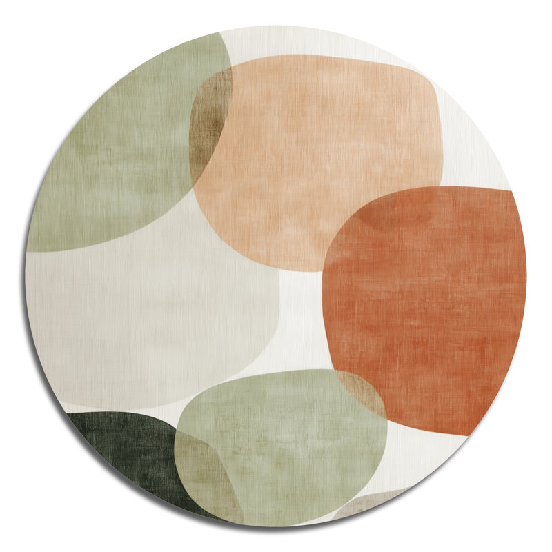 Minimalisme orange avec des formes simples de vert - art mural rond abstrait en métal, L 23 po x H 23 po