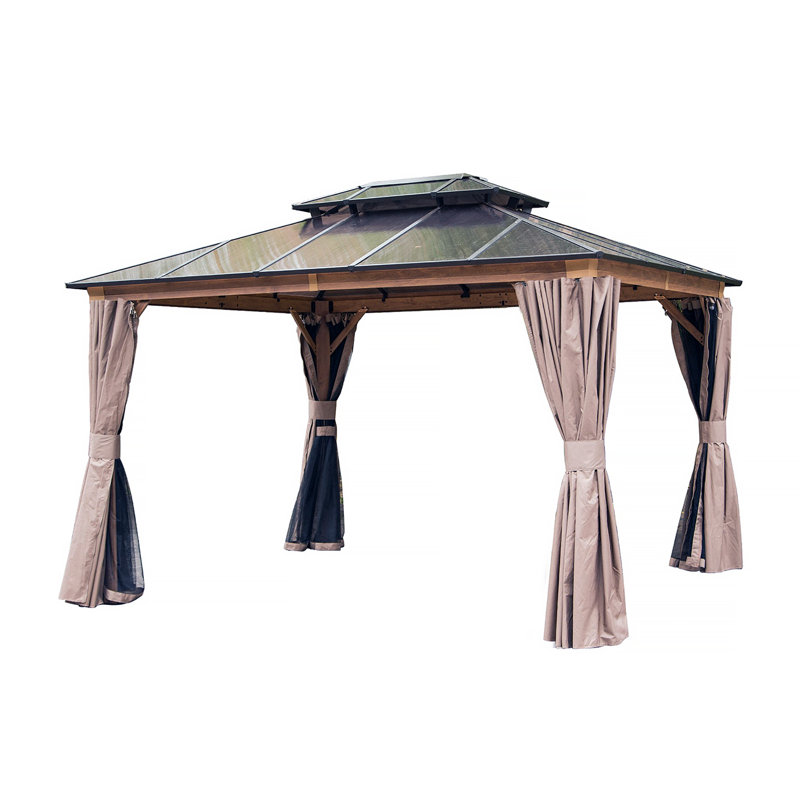 10'X12' Hardtop Gazebo, Permanent Outdoor Gazebo With Polycarbonate Double Roof, Aluminum Gazebo Pavilion With Curtain And Net For Garden, Patio, Lawns, Deck, Backyard