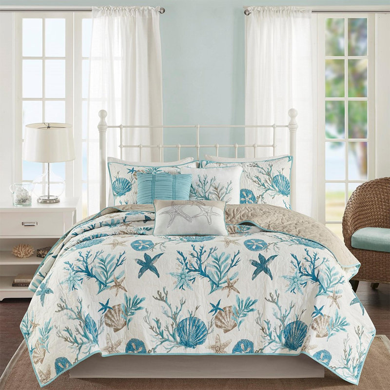 Ensemble de courtepointe en coton 6 pièces, Turquoise, Courtepointe double + 5 pièces supplémentaires