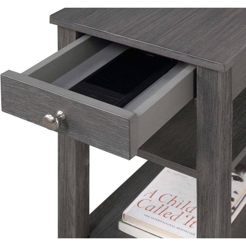 Table de bout Carbin avec tiroir et tablettes, Brosse métallique grise foncée