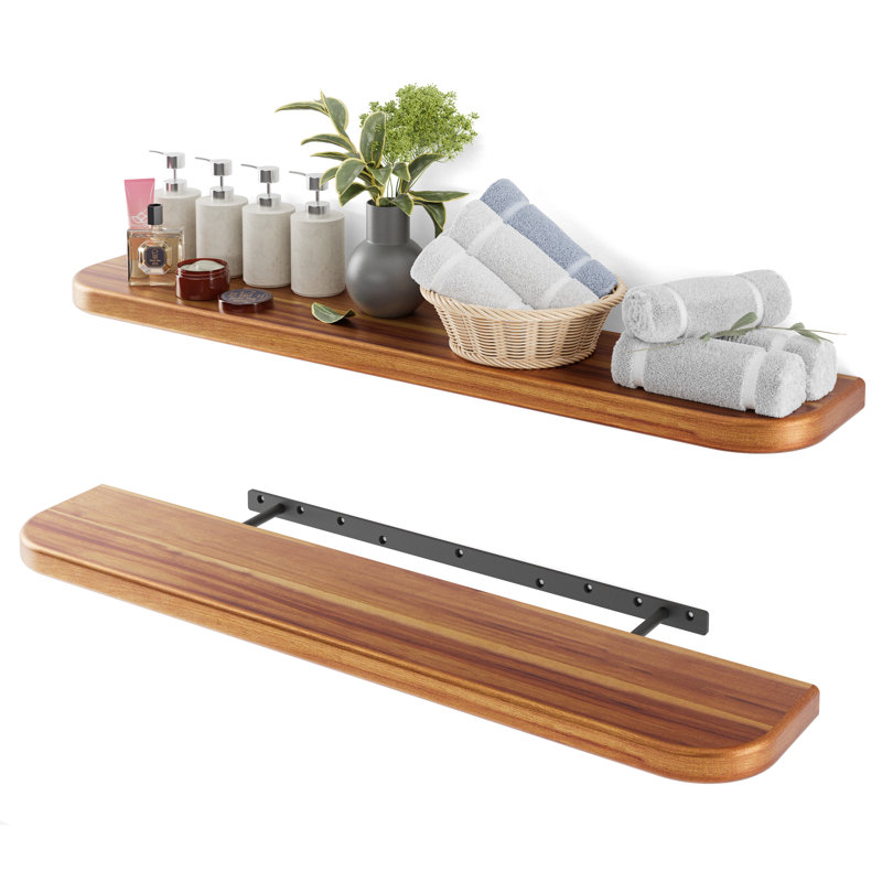 Set Of 2 36" Acacia Wood Floating Shelves Round Edge With Invisible Metal Bracket Wall Mounted (Hardware Included)
