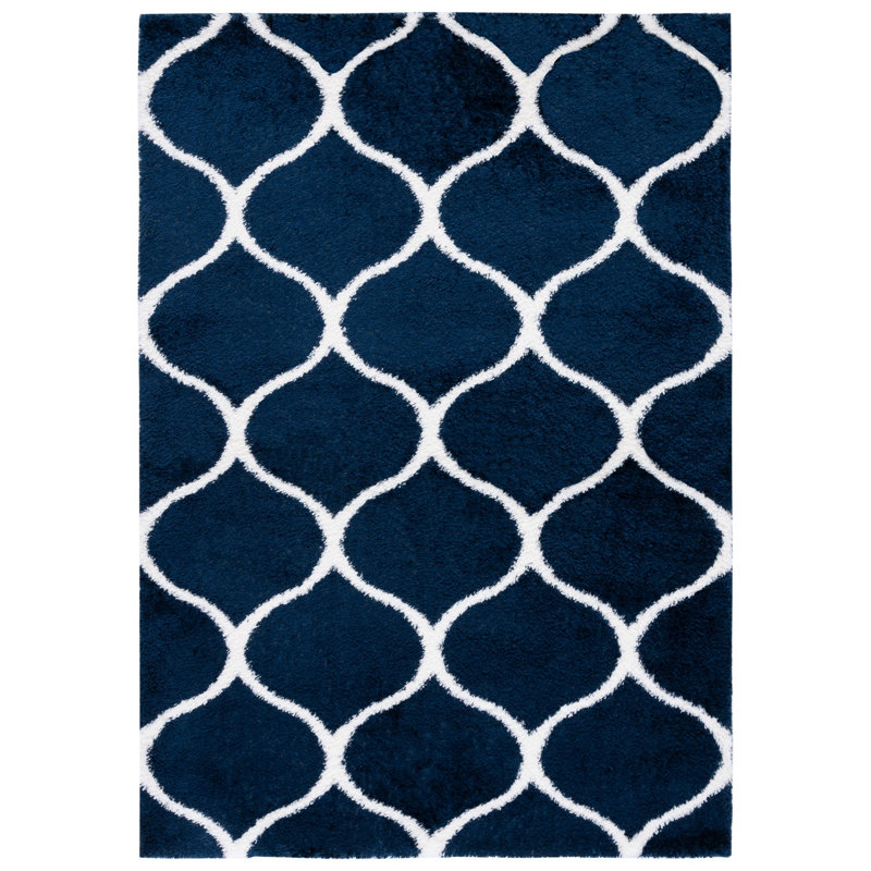 Tapis bleu marine / blanc à motif géométrique, Rectangle 5 pi x 7 pi