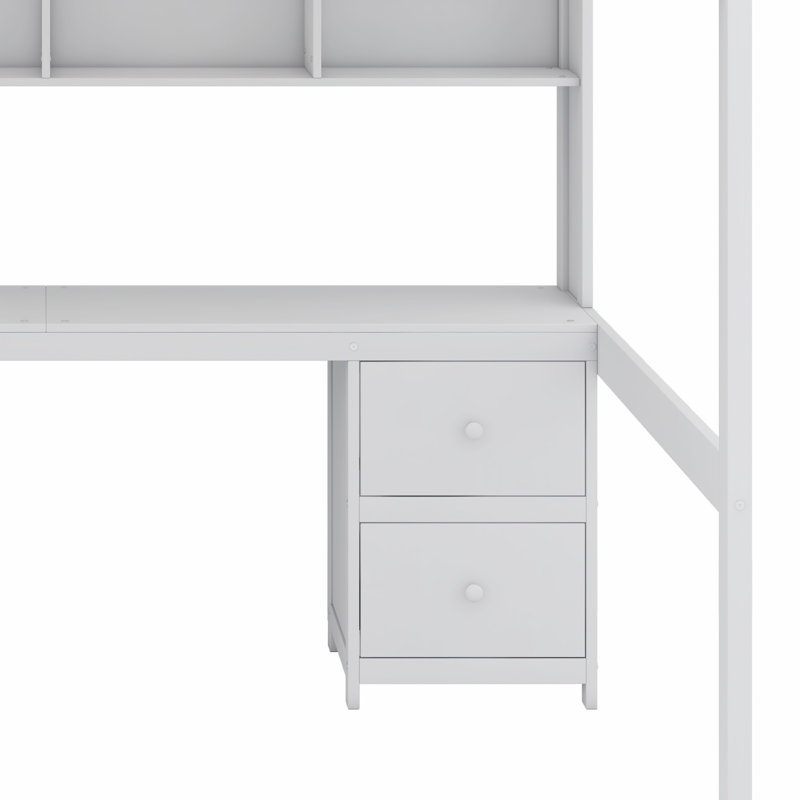 Lit mezzanine avec bureau, armoires, tiroirs et plateau de chevet, station de charge, Blanc