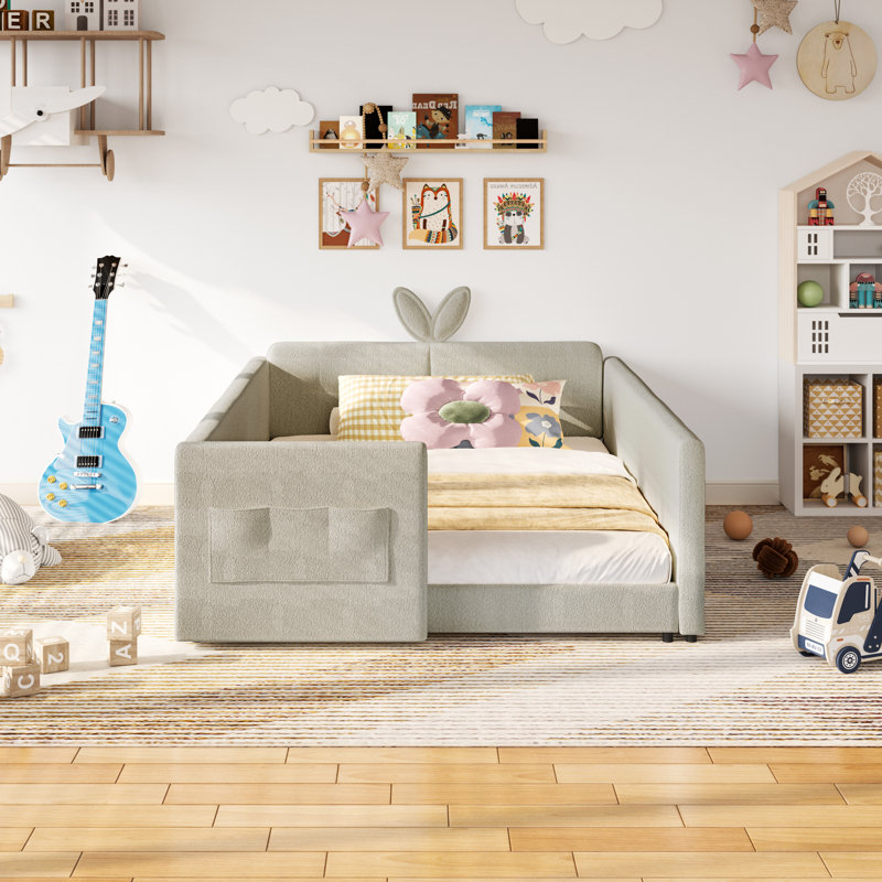 Full Size Upholstered Platform Bed With Cute Rabbit Ear Shaped Headboard, Safety Rail, And Convenient Storage Pocket, Boucle Fabric – Perfect For Kids' Bedroom