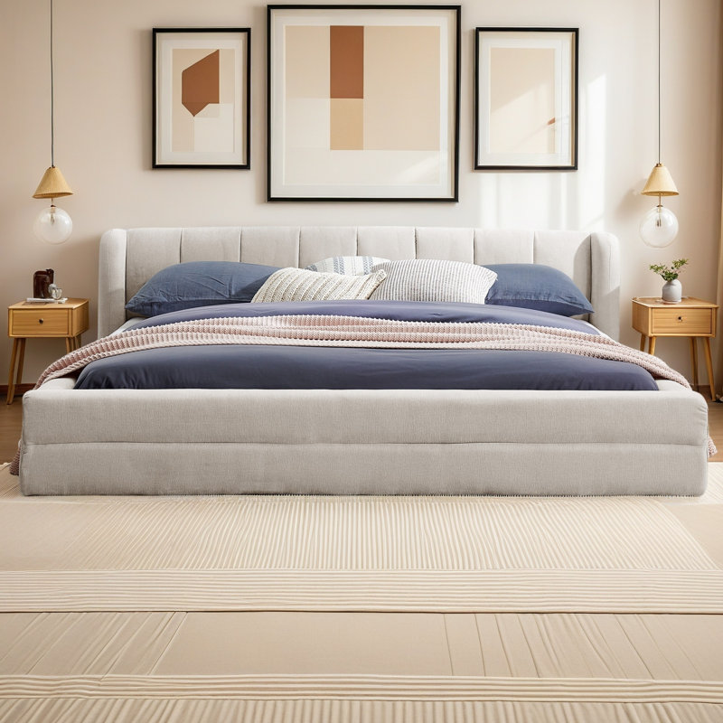Structure de lit tapissier grand format avec tissu épais, lit plateforme grand format en chenille avec tête de lit et structure solide