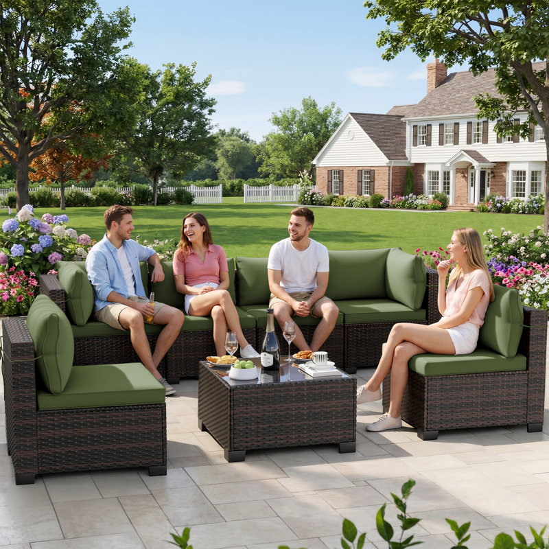 7-Piece Patio Conversation Sets, Outdoor Rattan Wicker Sectional Sofa with Tea Table & Cushions, Dark Green