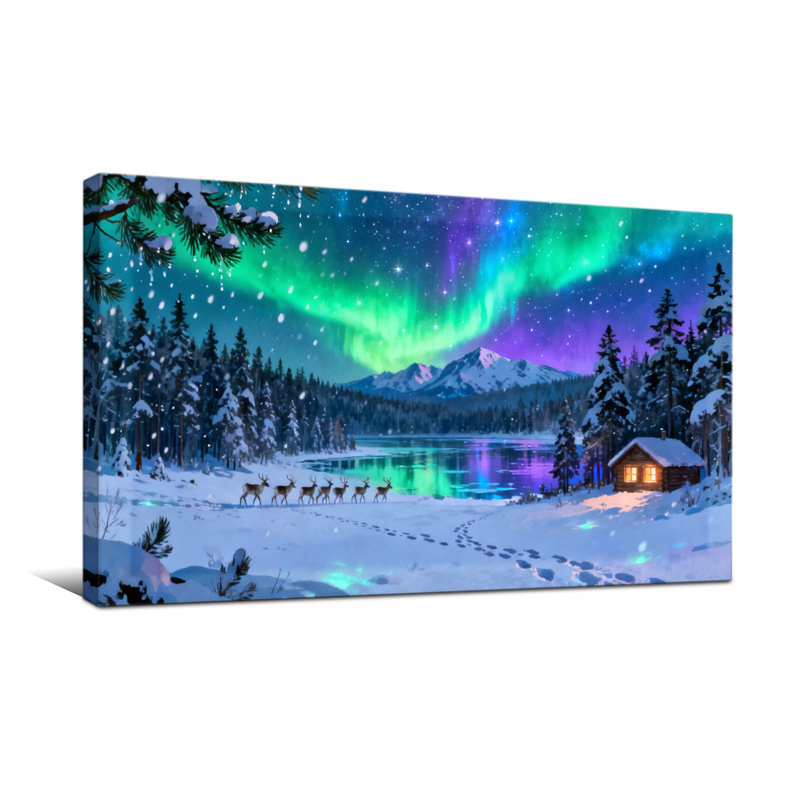 Christmas Northern Lights Winter Landscape With Deer And Cabin, 16" H x 32" W