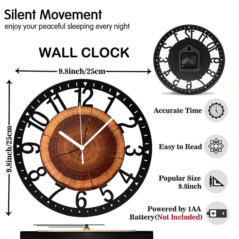 Horloge murale ronde en fer 10 po avec mouvement à quartz silencieux, chiffres arabes, impression UV, Chêne