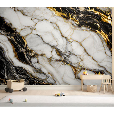 Wall Mural Peel and Stick Wallpaper Abstract Black White Marble Effect Gold Veins Self-Adhesive Removable Contact Paper Wall Decor for Living Room Bedroom 69"H x 96"W