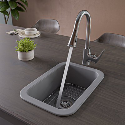 ALFI brand ABF1319UD-GM Grey Matte Small 13"x19" Rectangle Fireclay Undermount or Drop In Prep Sink w Grid