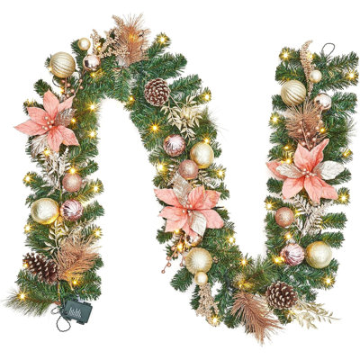 Pre-Lit 9ft Rose Gold Christmas Garland with 40 LED Battery-Operated Lights, Timer & Ball Ornaments for Fireplace, Stair & Mantle Decor