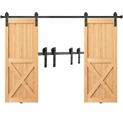 Ensemble de quincaillerie de porte de grange coulissante de 8 pi, ensemble de rail de porte de grange robuste pour portes doubles de 330 lb / 2 po, largeur totale de 3,7 à 3,3 pi et panneau de 2 portes de 1,3 po à 1,8 po d'épaisseur, avec poulie lisse et silencieuse (forme en I)