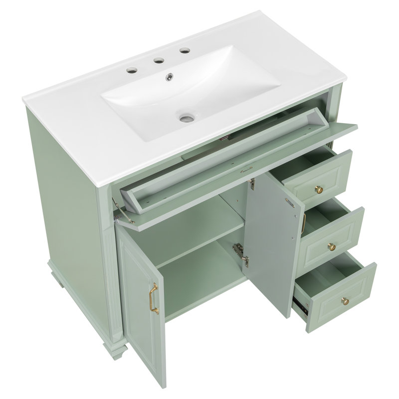 Meuble-lavabo de 36 po avec lavabo, armoire de salle de bain en bois massif avec tiroir rabattable, 3 tiroirs et 2 portes
