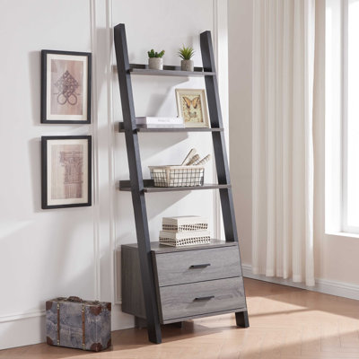 Two Drawer Ladder Bookcase Metal Bar Handles Distressed Grey And Black Two Tone Color by 17 Stories