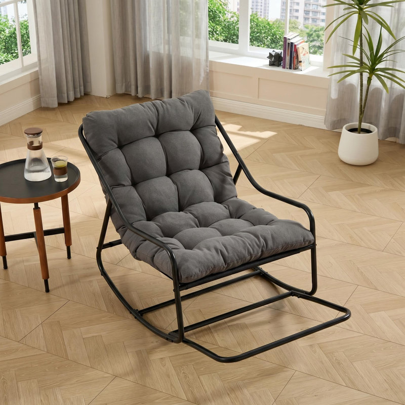 Chaise berçante d'extérieur avec coussin épais en velours côtelé, structure en acier thermolaqué pour patio, salon, chambre à coucher