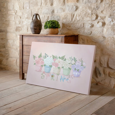 Toile, Illustration fantaisiste sur le thème du printemps avec une rangée de pots d'art muraux colorés ornés de motifs et de textures uniques