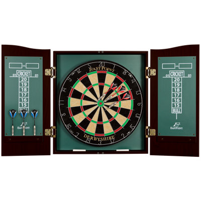 Derbyshire 18" Official Size Bristle Dartboard & Cabinet Set With Darts