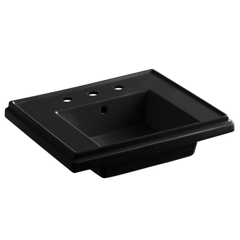 Tresham Ceramic 24" Pedestal Bathroom Sink with Overflow, Black Black, Single Hole Faucet
