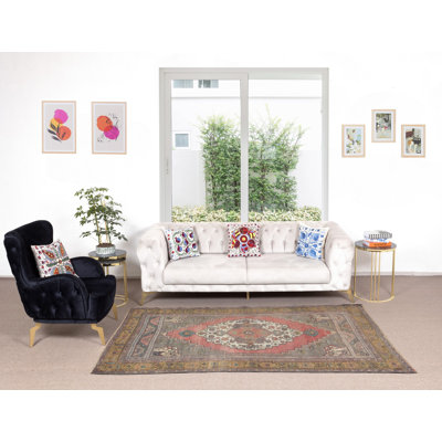 Mid-Century Hand-Knotted Turkish Tribal Rug with Geometric Medallion Design, 100% Wool