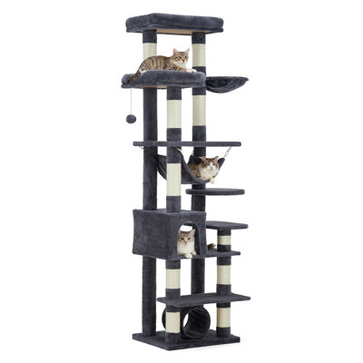 74" Drak Gray Tall Cat Tree for Large Cats Sturdy Cat Tower with 11 Scratching Posts Spacious Top Perch Interactive Toy Balls & Cozy Cat Condo Heavy Duty Cat House for Adult Big Cats