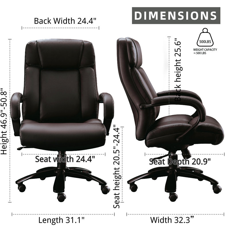 Grand fauteuil de direction ergonomique à haut dossier de 500 lb avec siège de 7 pouces d'épaisseur et base stable, Brun