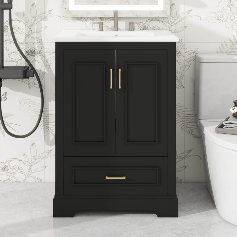 Meuble-lavabo moderne en céramique 2 portes et 1 tiroir, Noir, 24"