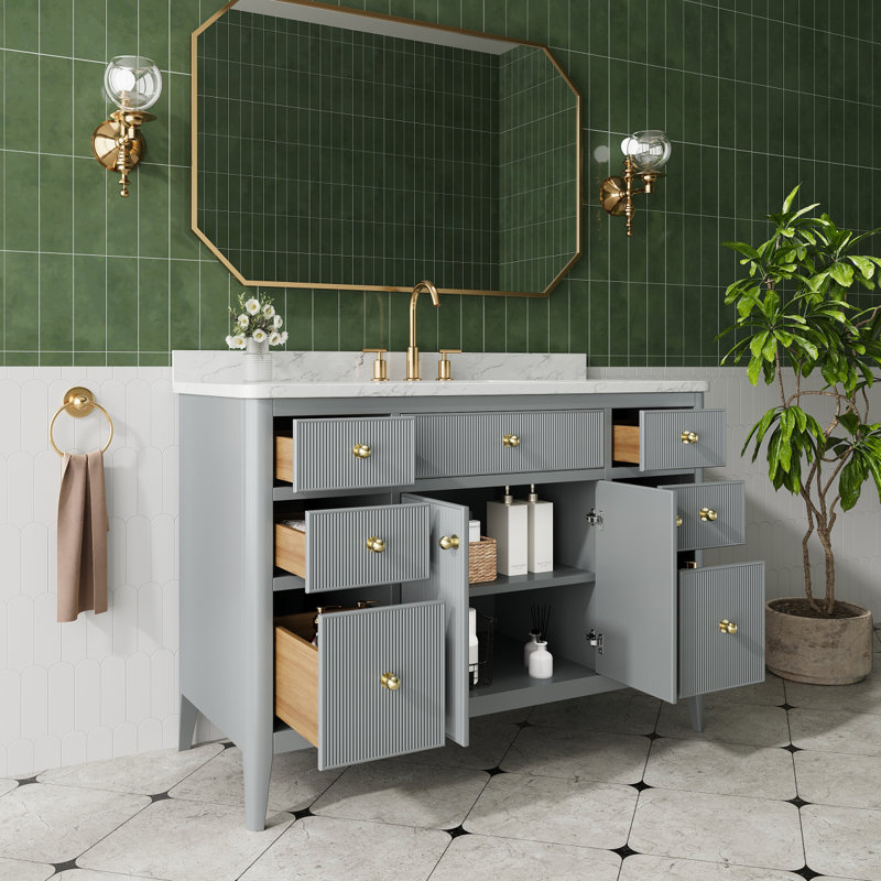 Fully Assembled 48''  Grey Freestanding Single Sink Bathroom Vanity With Solid Wood Construction And Engineered Marble Top