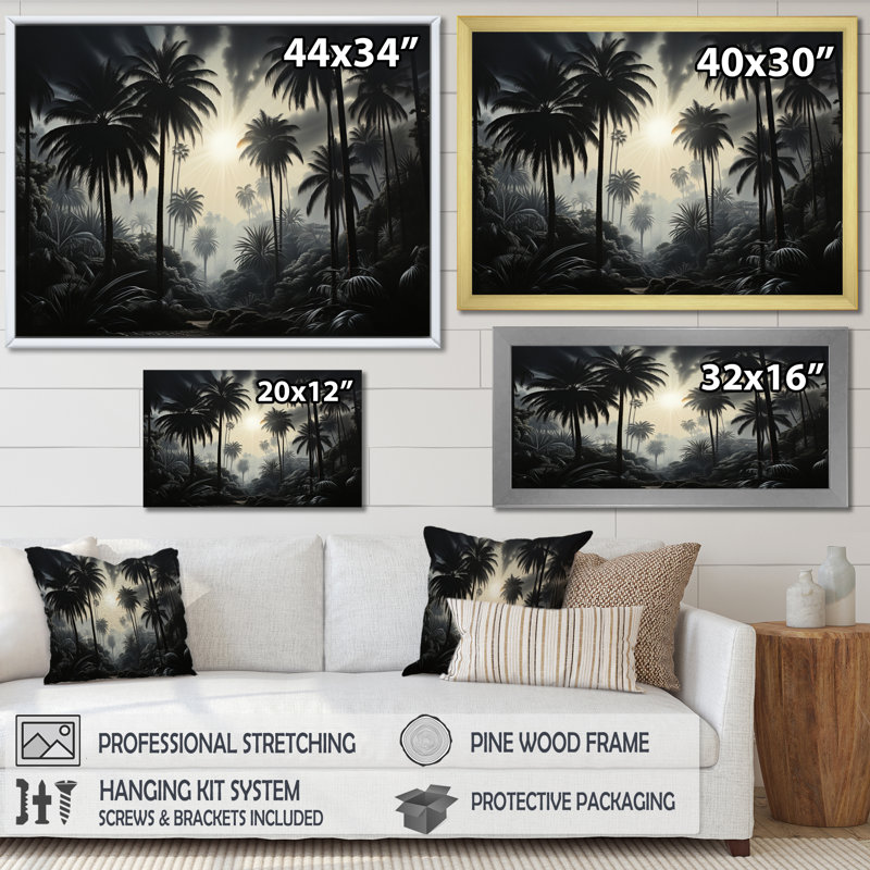 Palmiers, palmiers la nuit - impression, H 12 po x l 20 po x P 1 po, Cadre flottant blanc