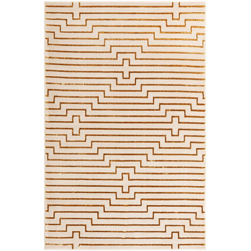 Tapis de couloir contemporain blanc et doré Omotayo, Rectangle 6 pi 1 po x 9 pi