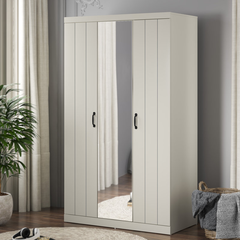 Allington 3 Door Manufactured Wood Wardrobe With Mirror, Light Grey