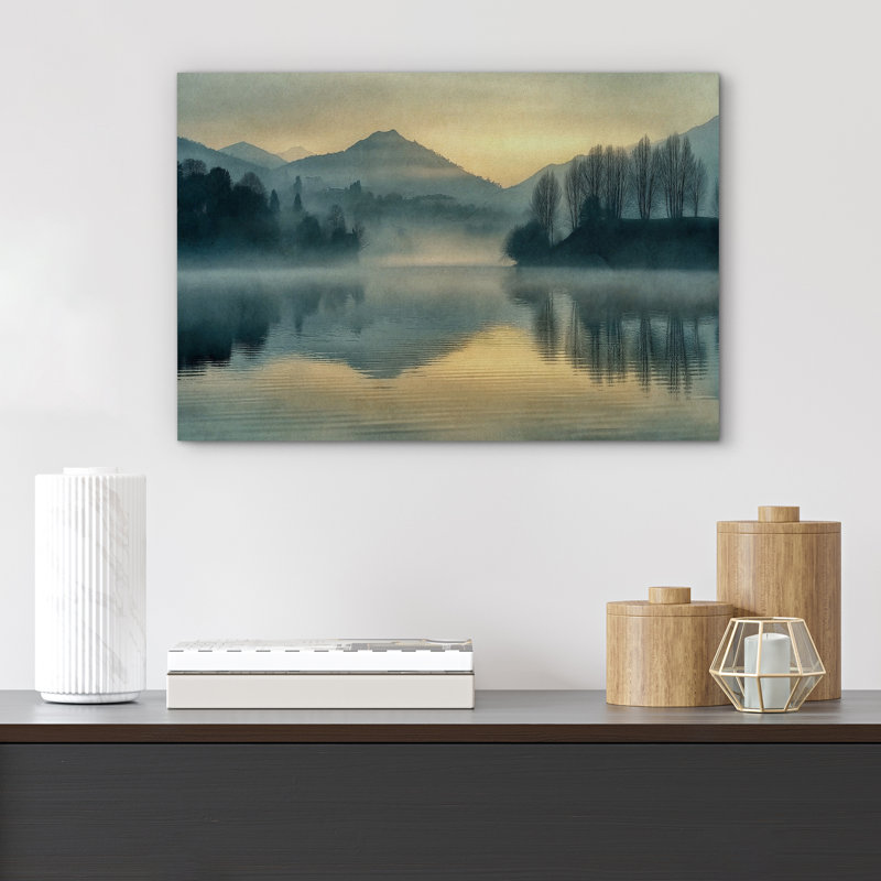 "Misty Forest Lake Serene Nature Landscape" Relaxing Art, reproduction d'art sur toile encadrée, Toile tendue